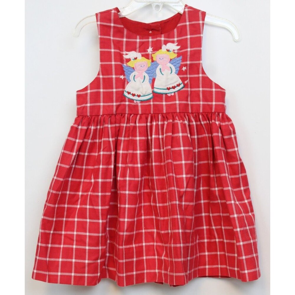 VTG 80s Fast Friends Dress sz 2 Girls Red Plaid Angel Star Button Holiday Winter